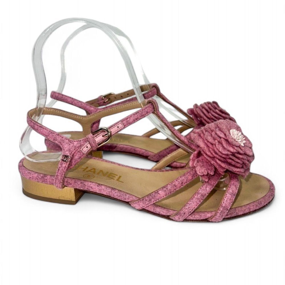 Authentic CHANEL Dusty Pink Tweed CC Logo Camellia Flower Sandals Size E… - Picture 3 of 14